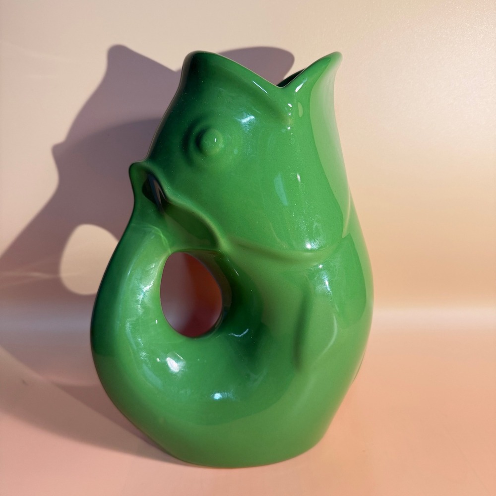 VTG GurglePot Moss Green Fish Pitcher Ceramic Carafe 9.5" Stoneware Vase 2006